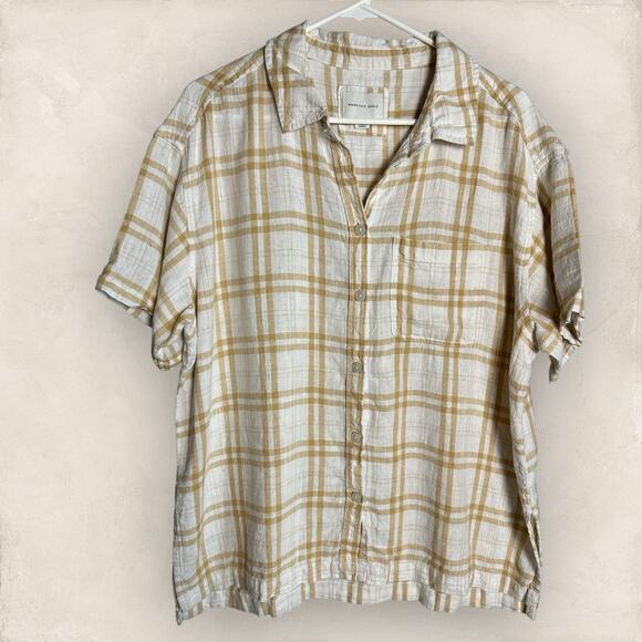 American Eagle Oversized Boyfriend Resort Shirt White Tan Plaid Large Top Blouse - Picture 1 of 4